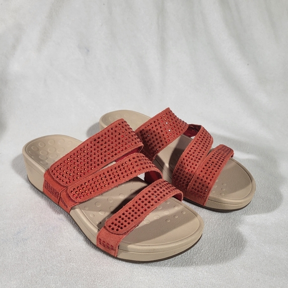 VIONIC Red Rhinestone Suede Comfort Slide Sandals Womens Size 6 Three Strap Adj - Picture 1 of 7
